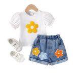 Flower puff sleeve short-sleeved T-shirt